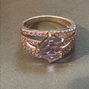 One-of-a-Kind Rhombus Cut Amethyst Ring With 4 Row Pink Morganite Sz 7